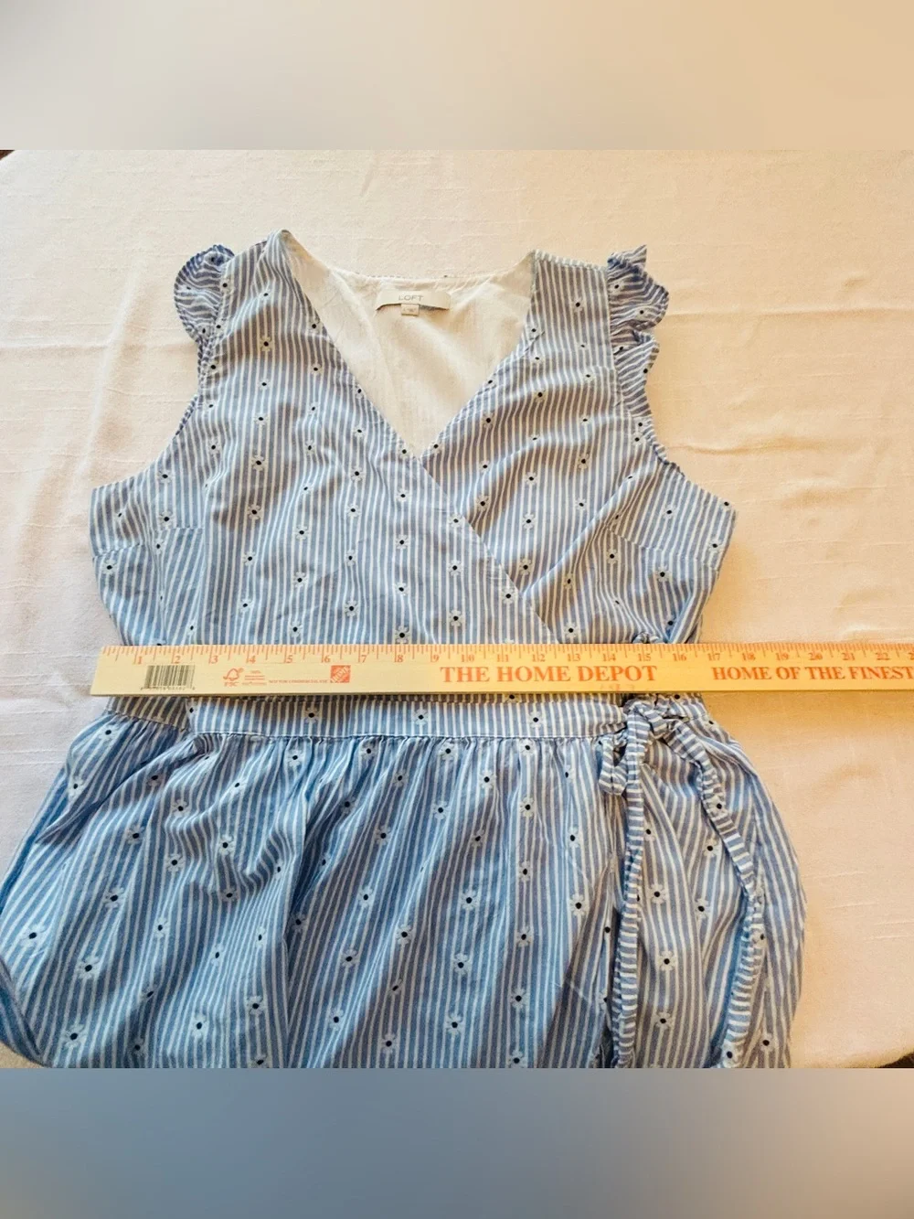 LOFT Light Blue & White Striped Midi Wrap Dress with Ruffle Sleeves Women’s L - Picture 9 of 11